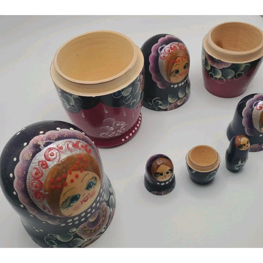 Russian 5 piece Wooden Purple Nesting Dolls Hand Painted Red Flowers Blond Girl